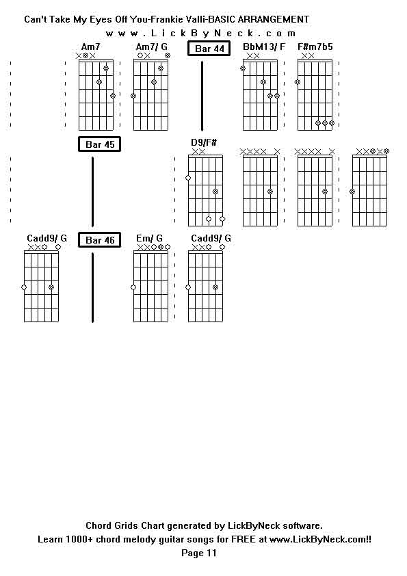 Chord Grids Chart of chord melody fingerstyle guitar song-Can't Take My Eyes Off You-Frankie Valli-BASIC ARRANGEMENT,generated by LickByNeck software.